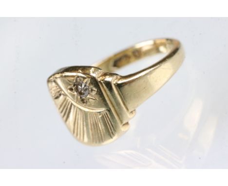 Diamond 9ct yellow gold ring, round eight cut diamond, gypsy set, engraved sunburst decoration, dimensions of the head approx