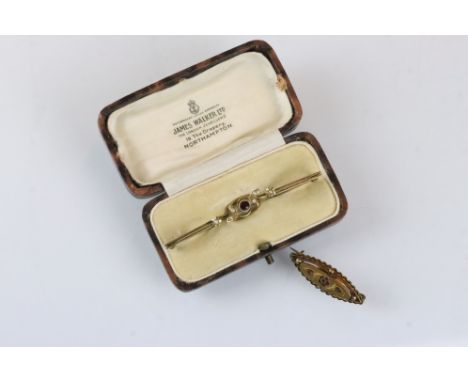 Ruby and seed pearl 9ct yellow gold bar brooch (af) together with an early 20th century yellow metal brooch (2) 