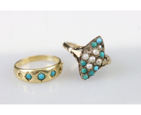 9ct gold hallmarked turquoise and cultured pearl navette ring (size N.5), together with an 18ct gold turquoise ring (marked 1