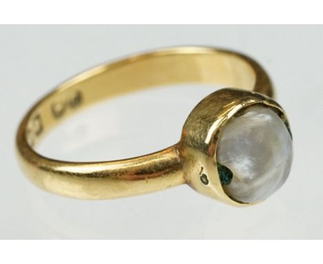 Edwardian baroque pearl 18ct yellow gold ring, the grey pearl measuring approx 6 x 5mm, rubover and pin set, D shank, ring si