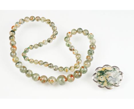 Moss agate bead necklace, sixty-two graduated moss agate beads, the largest measuring approx 17mm, the smallest measuring app