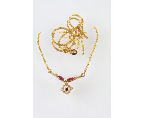 Ruby and diamond 9ct yellow gold necklace, broken, six small round eight cut diamonds, two small marquise rubies and a small 