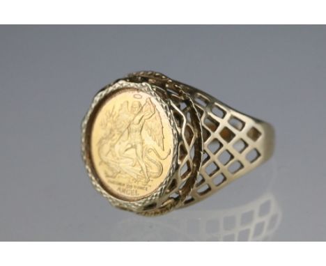 Isle of Man 1/20 oz Angel coin ring, Elizabeth II 1989,9ct gold mount, ring size O 