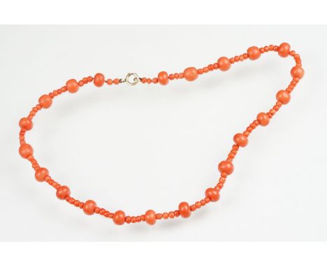 Early 20th century coral necklace with yellow metal bolt ring clasp, length approx 46cm 