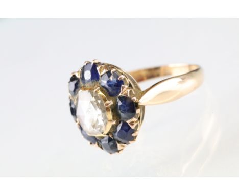 Diamond and sapphire 14ct yellow gold cluster ring, the central rose cut diamond to the centre, dimensions approx 7 x 6.5mm, 