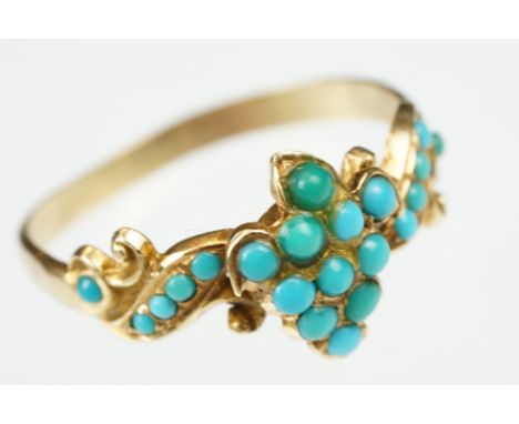 19th century turquoise unmarked yellow gold ring, the central cluster comprising eleven small round cabochon cut turquoise, t