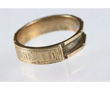 19th century yellow metal ring, engraved affection, missing woven hair to band, ring size L½ 