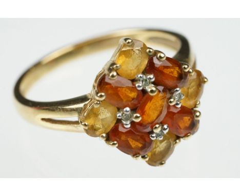 Citrine and orange gemstone 9ct yellow gold square head ring, four small round eight cut diamond accents, claw settings, size