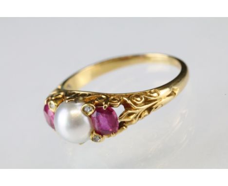 Pearl, ruby and diamond yellow gold ring, the white pearl to centre diameter approx 6.5mm, claw set, four rose cut diamond ac