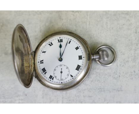 Silver full hunter top wind pocket watch, engine turned decoration, vacant cartouche to the centre, white enamel dial and sec