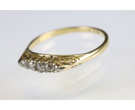 Diamond 18ct yellow gold boat head ring, five graduated small round eight cut diamonds, scroll mount, ring size R 