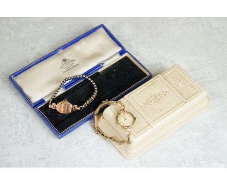 Rotary 9ct yellow gold ladies wristwatch, Arabic numerals, 9ct gold expandable bracelet strap; together with a ruby set 14ct 