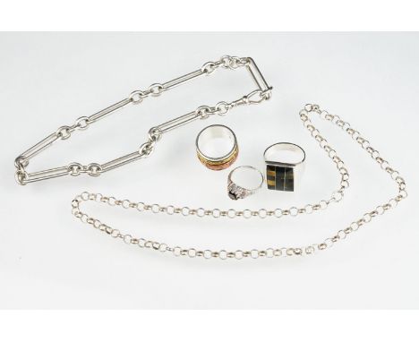 Silver trombone link watch chain, each link hallmarked, silver dog clip, length approx 35cm; white metal belcher link necklac