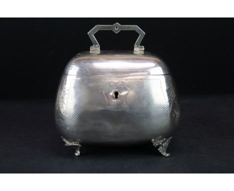 Late 19th Century Austro Hungarian silver tea caddy of bombe form. The caddy having milled panels with engraved floral deatil