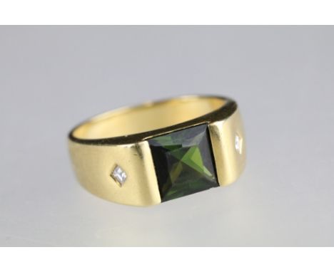 Green stone and diamond 18ct yellow gold ring, the square mixed cut green stone measuring approx 6.5 x 6.5mm, possibly chrome