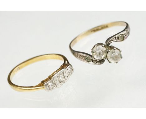 Diamond yellow gold and platinum set ring, three small round eight cut diamonds, illusion set, tapered shoulders, ring size K