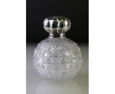 Silver topped cut glass dressing table scent bottle, writhen silver lid, stopper probably not original, makers William Hutton