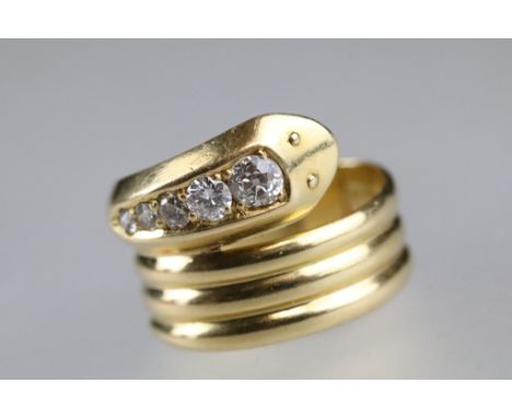 Edwardian diamond 18ct yellow snake serpent ring, five graduated old cut diamonds, the largest diamond weighing approx 0.25 c