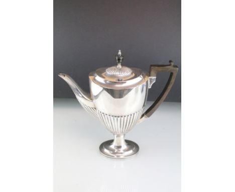 Silver pedestal coffee pot, gadrooning to the lower half, angular handle, ebonised turned finial, makers William Hutton &amp;