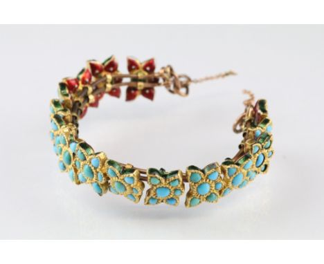Indian turquoise and enamelled bangle, the front of each panel link set with six asymmetric cabochon turquoise, the reverse a