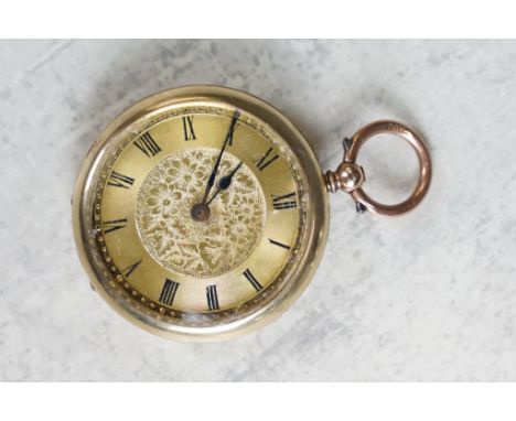 Early 20th Century 9ct gold cased fob pocket watch. The watch having a gilt face with floral detailing to centre, black ename