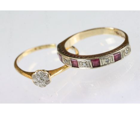 Ruby and diamond 9ct yellow and white gold set ring, four square mixed cut rubies, flush set, five small eight cut diamonds, 