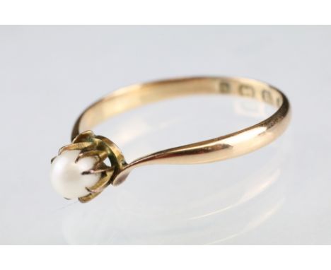 Pearl 18ct yellow gold ring, the cream-white pearl diameter approx 4mm, claw settings, tapered shoulders, ring size Q½ 