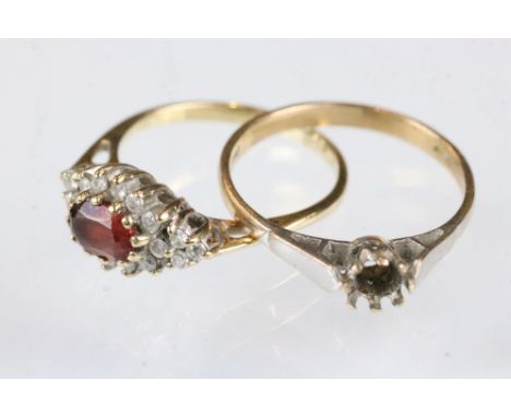 Gem set 9ct yellow gold cluster dress ring, size K-K½; together with a 9ct yellow gold ring shank, missing its gemstone (af) 