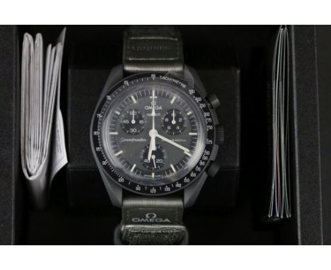 Swatch Omega Mission to Mercury from the MoonSwatch series bioceramic speedmaster watch, three black subsidiary dials, charco