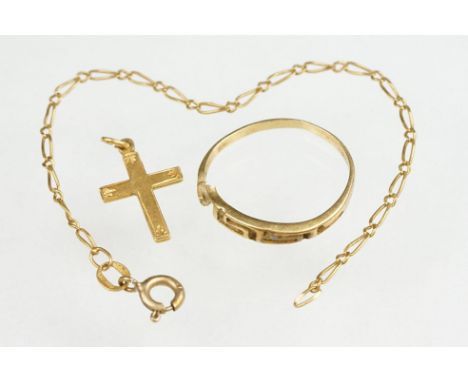 9ct gold cross pendant, a yellow metal ring (af) and a part broken chain stamped 750, the clasp stamped 9k (af) (3) 