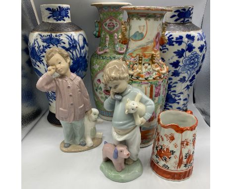 Pair of Blue and White Porcelain Vases, two Peranakan Vase and a Jug, Two Porcelain Nao Boy Figures made in Spain by Lladro (