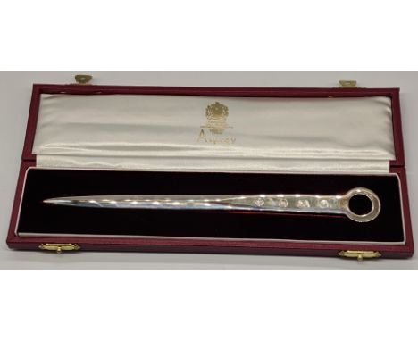 An Aspreys silver letter opener, hallmarked Sheffield, engraving to one side, cased L.20cm