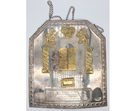 A silver Torah breastplate, engraved, with hanging chains, hallmarked London, 1973, maker D.J.Silver Repairs, Judaica interes