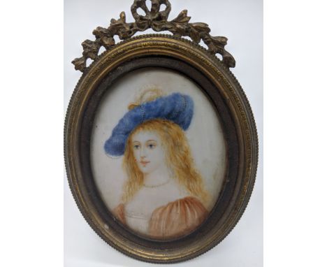 A 19th century miniature portrait of a maiden, oil, indistinctly signed, H.7.5cm