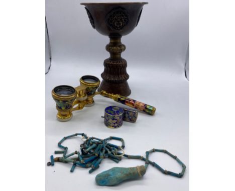 Egyptian Blue Faience Beaded Necklace with a Pharaoh-shaped Pendant, Tibetan Brass Yak Butter Lamp, Enamelled Opera Glasses a