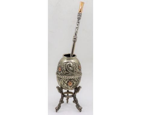 An Argentinian silver yerba mate, marked 'Alpaca Industria Argentina' to base, (H.13cm) together with matching bombilla straw