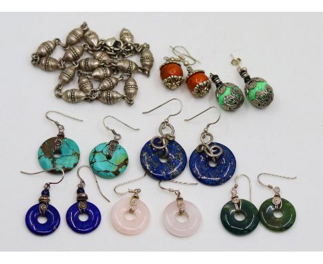 Seven sets of silver mounted earrings to include Jade, Indian turquoise, Lapis Lazuli, Rose Quartz with one white metal neckl