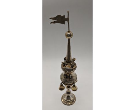 A silver Havdalah spice tower, hallmarked to bells, base and door, London 1906, maker Mosche Rubin, H.28cm