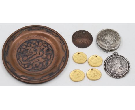 Four yellow metal Middle Eastern tokens, a Middle Eastern pendant, a white metal coin converted to a loop, a white metal coin