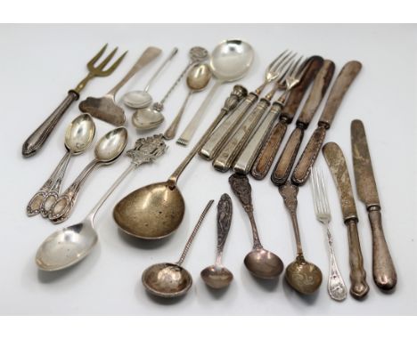 A collection of silver and silver handled cutlery, various hallmarks, 505g