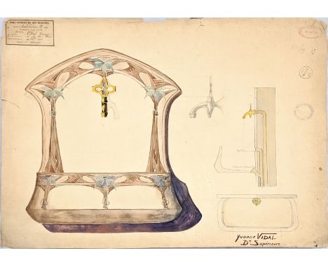 Yvonne Vidal (Early 20th century French School), an architectural study of a gothic water fountain, pencil drawing with water