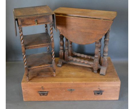 An Oak Small Gate Leg Dining Table, Together With An Early 20th Century oak drop flap whatnot and a pine uniform trunk 