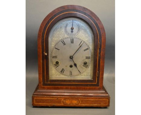 A Late Victorian, Early Edwardian Mahogany Line And Shell Inlaid Dome Shaped Mantle Clock, the silver dial with Roman numeral