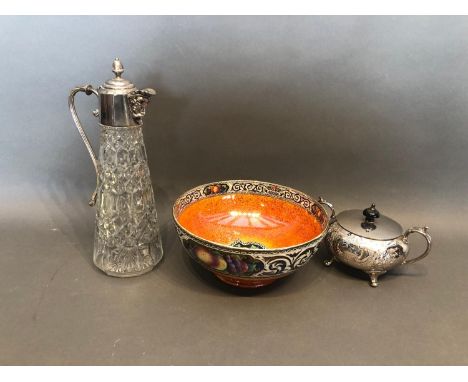 A Maling bowl together with a glass claret jug and a silver plated sucrier 