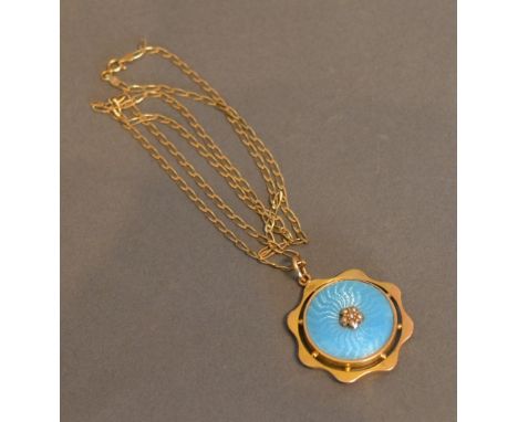 A 9ct. Gold Enamel And Pearl Set Pendant With 9ct. Gold Chain, 9g all in 
