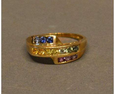 A 9ct Gold Cocktail Ring set Blue, Pink and Yellow Stones 