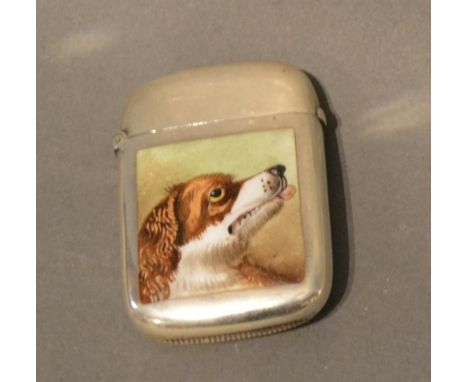 A Victorian Silver Vesta Case With Enamel Panel Depicting A Dog, Birmingham 1887 