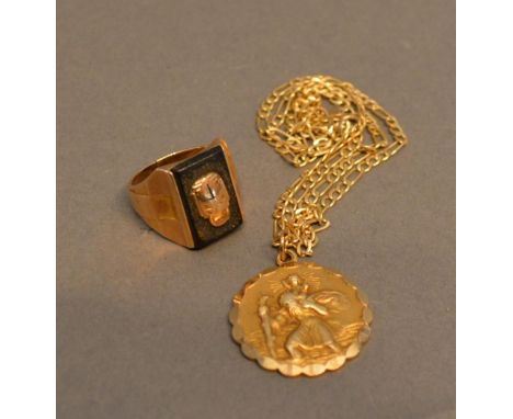 A 9ct. Gold St. Christopher Pendant With 9ct. Gold Chain, together with a 10ct. gold signet ring, 15.7g 