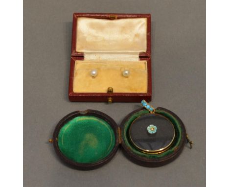 An Early 20th Century Yellow Metal Turquoise Set Locket Pendant, together with a pair of 18ct. gold pearl set dress studs in 