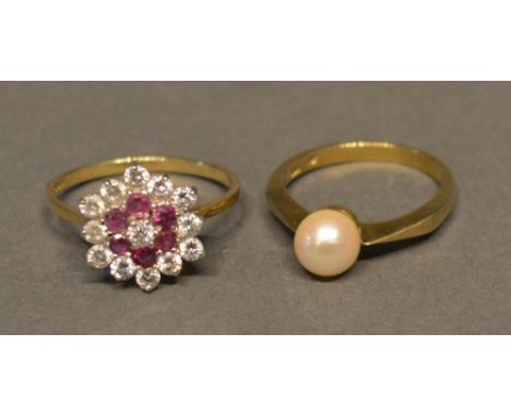 A 9ct. Gold Solitaire Pearl Set Ring, Together with Another 9ct. Gold paste set cluster ring 